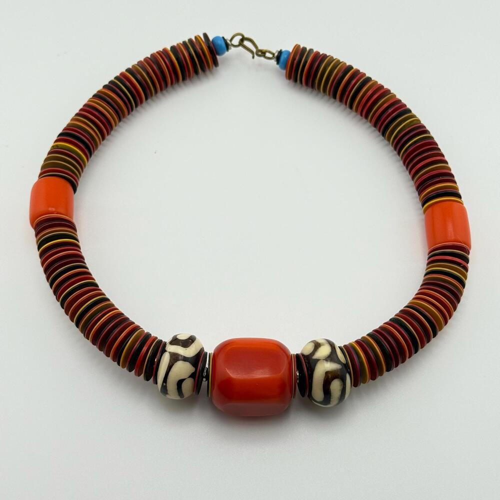 Bold African 20" Disc Necklace with Fire Orange Beads and Tribal Accents